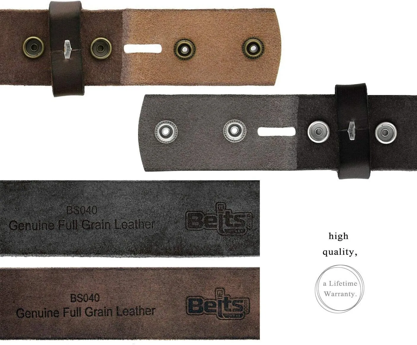 Genuine Full Grain One-Piece 100% Leather Plain Belt Strap with Snaps or Heavy-Duty Strap, 1-1/2" (38mm) Wide