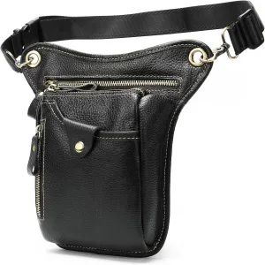 Genuine Leather Drop Leg Bag Motorcycle Thigh Purse Hip Pouch Waist Fanny Pack for Women Men Black