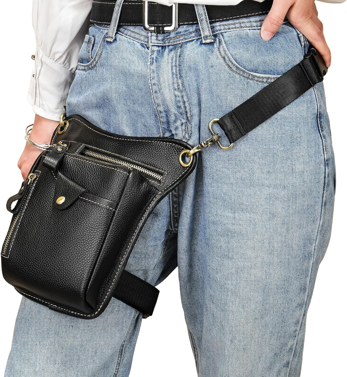 Genuine Leather Drop Leg Bag Motorcycle Thigh Purse Hip Pouch Waist Fanny Pack for Women Men Black