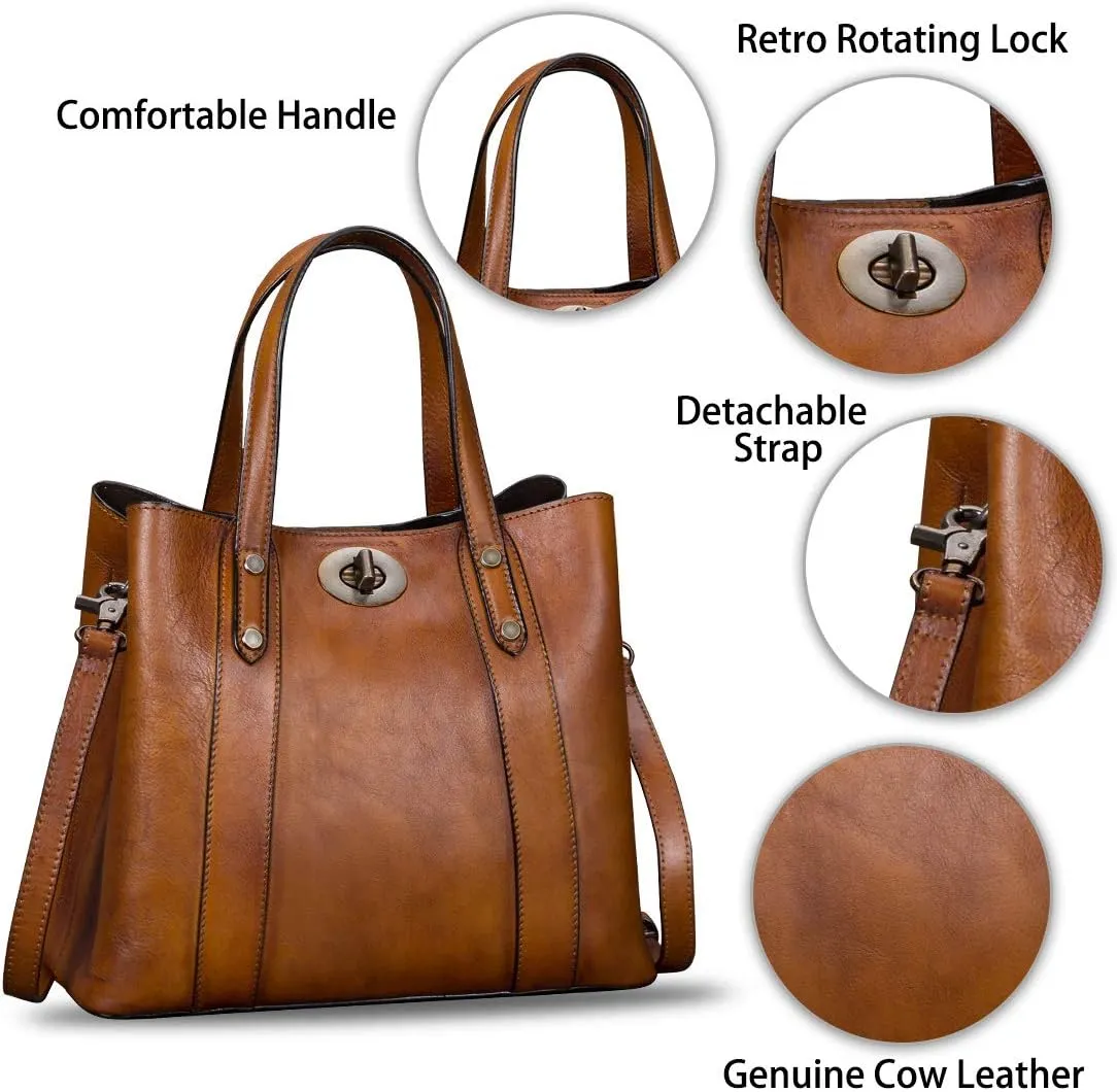 Genuine Leather Handbags for Women Satchel Purses Vintage Handmade Shoulder Bag Cowhide Top Handle Handbag Totes