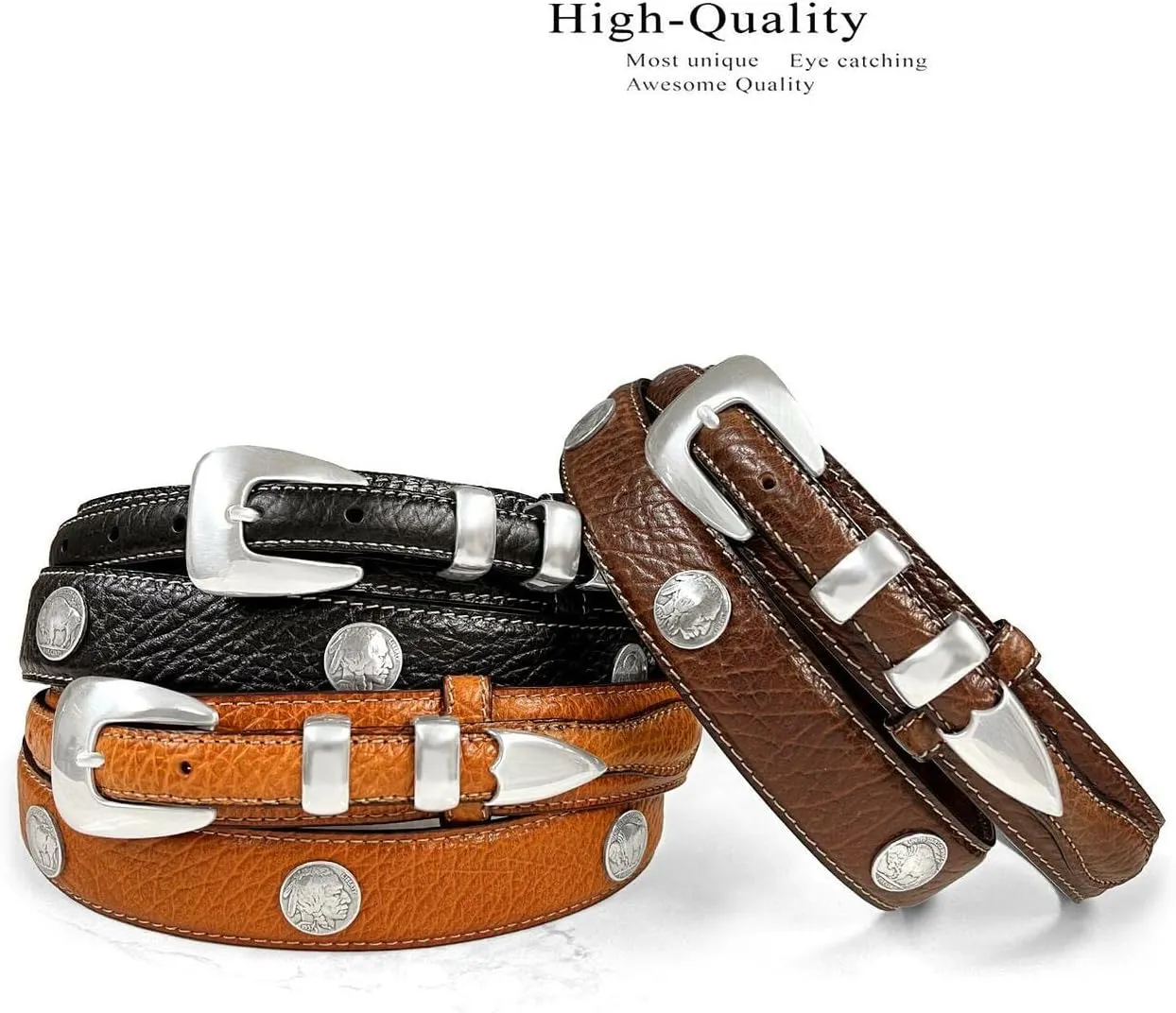 Genuine Leather Western Ranger Belt 1-3/8"(35mm) Taper to 3/4"(19mm) Wide, Multiple Choices