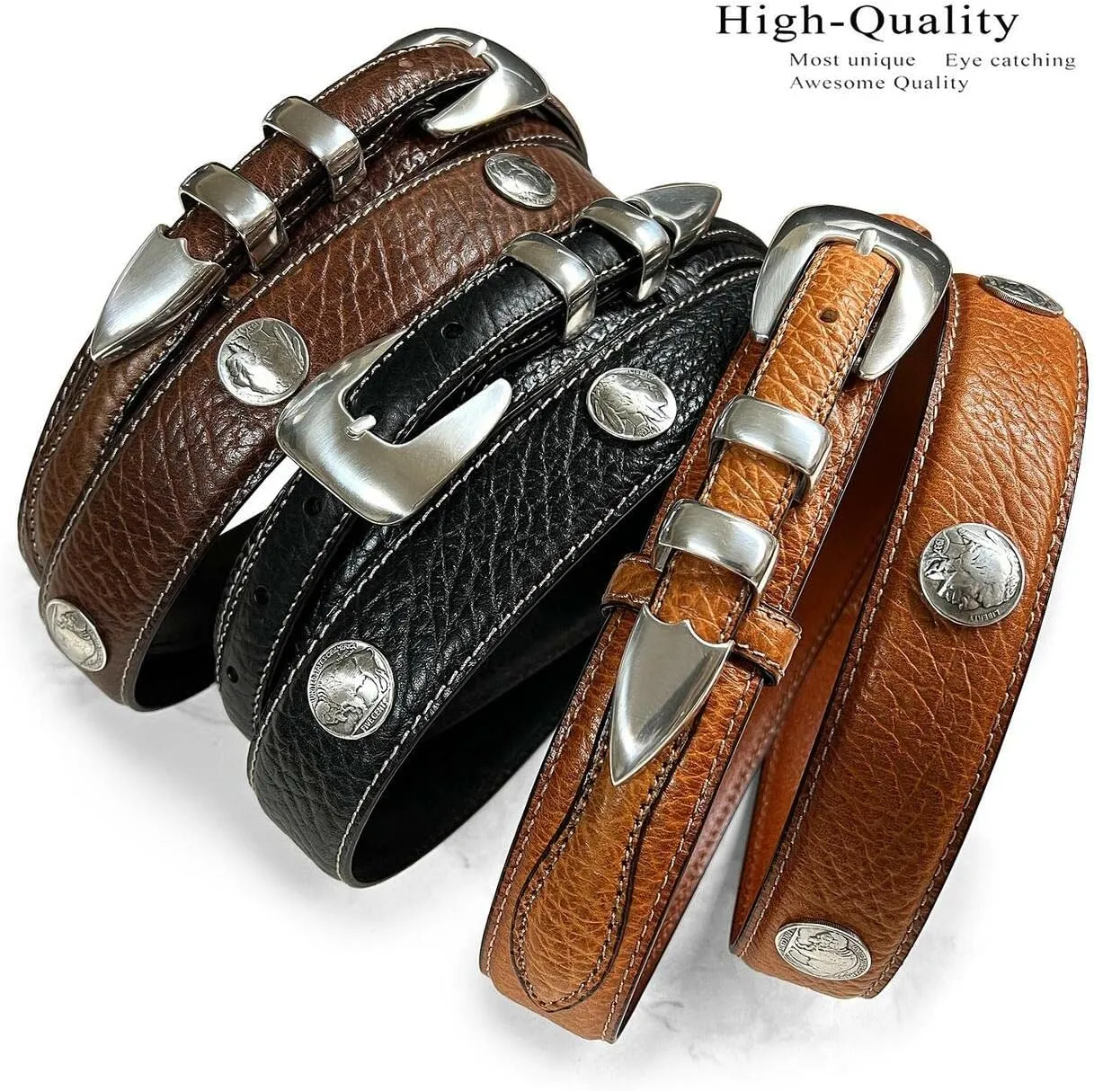 Genuine Leather Western Ranger Belt 1-3/8"(35mm) Taper to 3/4"(19mm) Wide, Multiple Choices