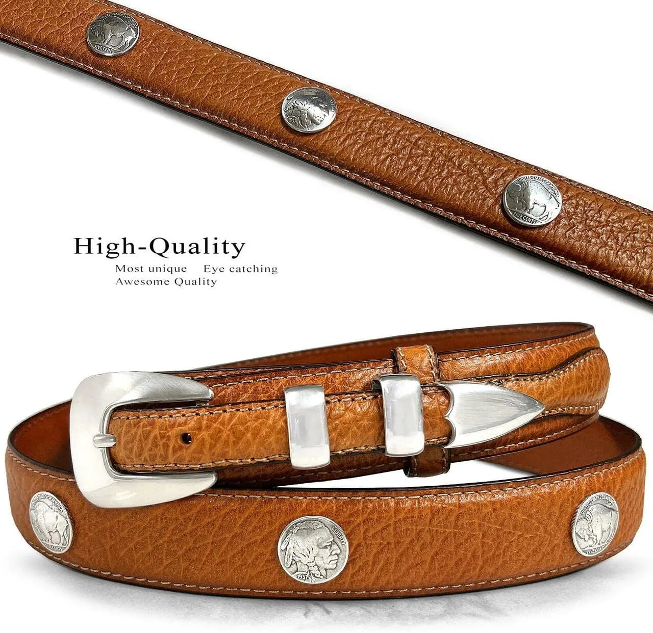 Genuine Leather Western Ranger Belt 1-3/8"(35mm) Taper to 3/4"(19mm) Wide, Multiple Choices