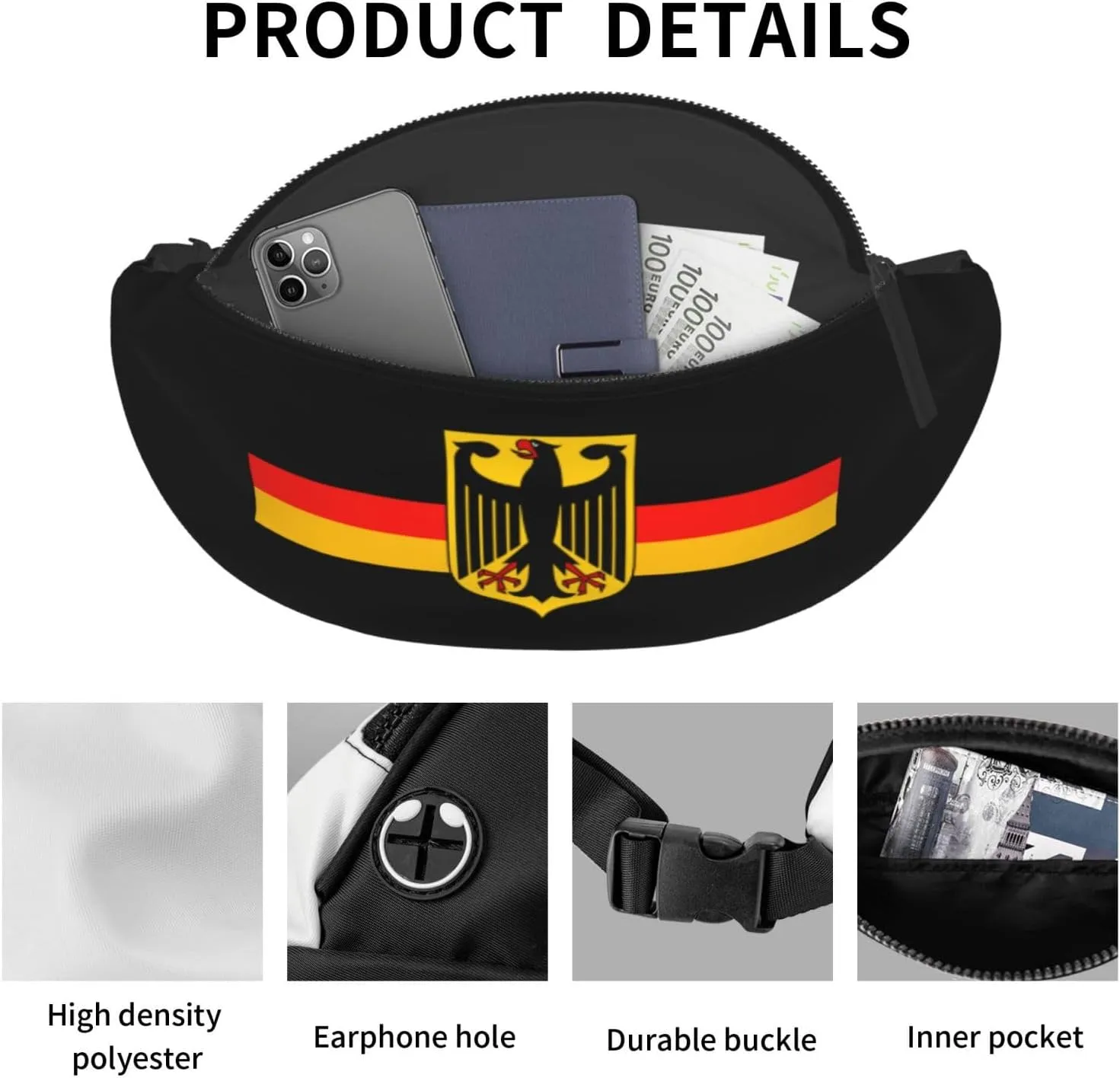 German Flag With Eagle Fanny Pack Daypack Crossbody Waist Bag For Travel Sports Running Hiking
