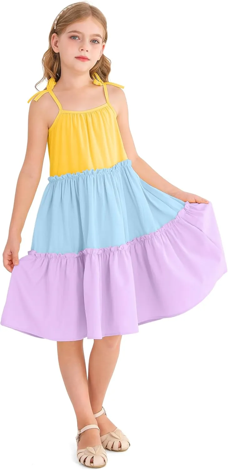 Girl's Summer Cute Tiered Swing Dress Midi Casual Smocked Sundresses 6-14 Years