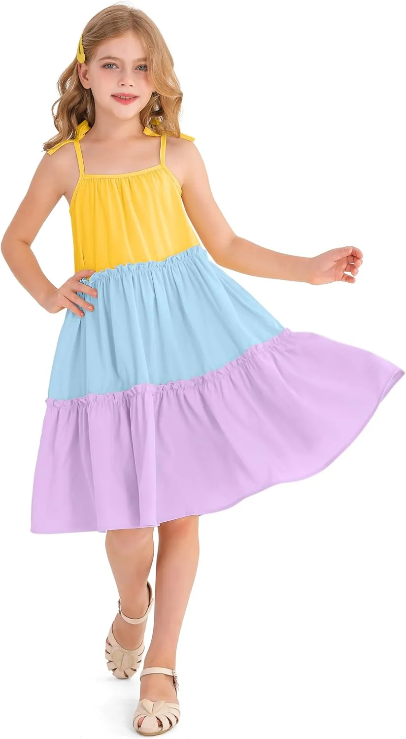Girl's Summer Cute Tiered Swing Dress Midi Casual Smocked Sundresses 6-14 Years