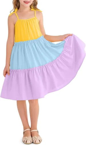 Girl's Summer Cute Tiered Swing Dress Midi Casual Smocked Sundresses 6-14 Years