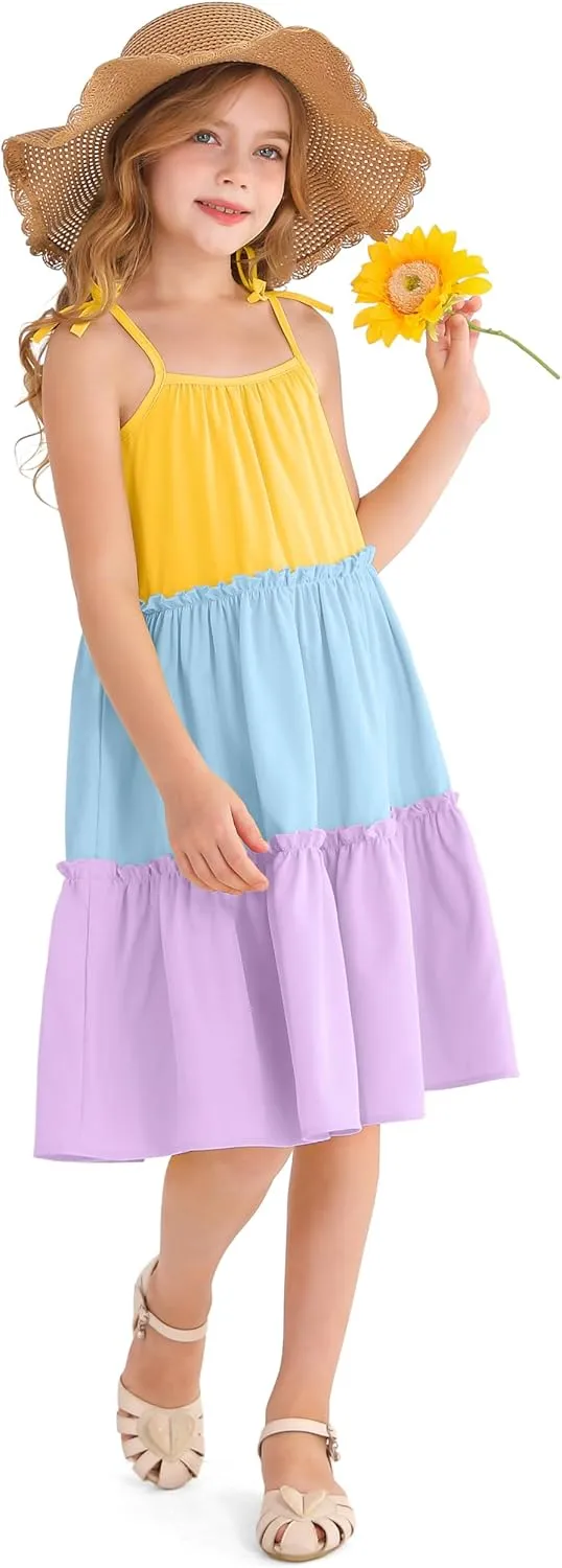 Girl's Summer Cute Tiered Swing Dress Midi Casual Smocked Sundresses 6-14 Years