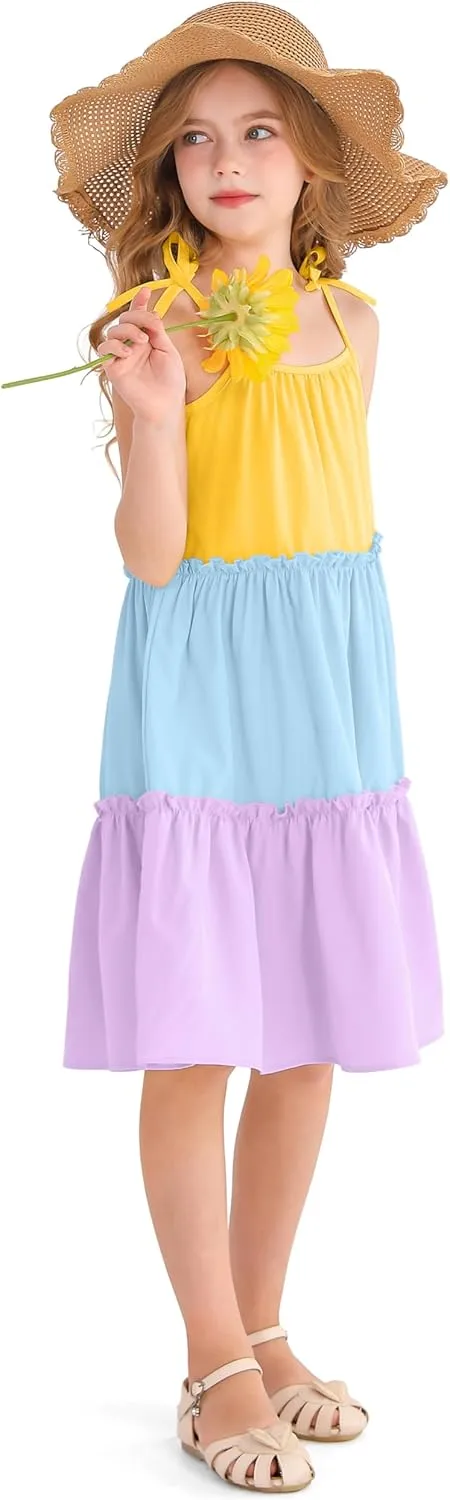 Girl's Summer Cute Tiered Swing Dress Midi Casual Smocked Sundresses 6-14 Years