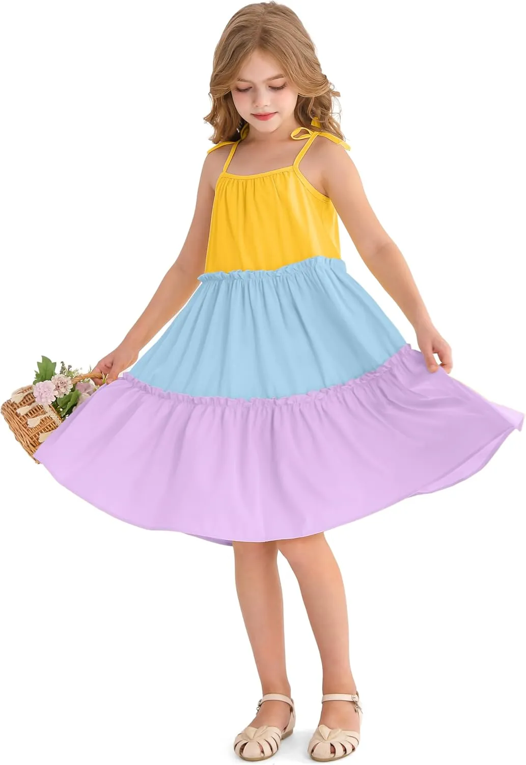 Girl's Summer Cute Tiered Swing Dress Midi Casual Smocked Sundresses 6-14 Years