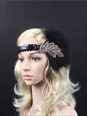 Girls Vintage Feather Sequin Embellished Flapper Headpiece