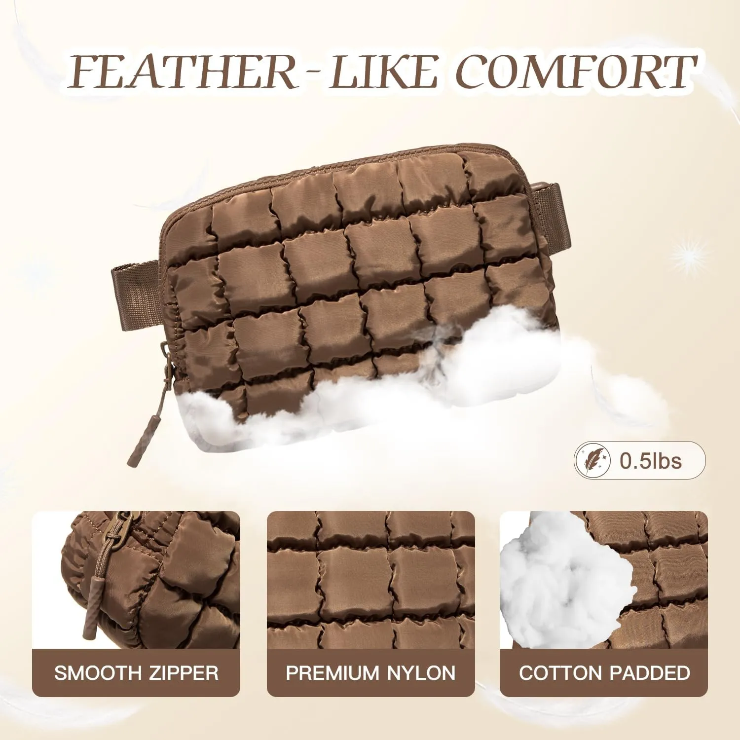 Gitus Trending Gifts for Women Puffer Crossbody Bags for Women Belt Bag Fanny Pack with Adjustable Straps Lightweight Quilted Puffy Bag Woman Gifts (Dart Brown)