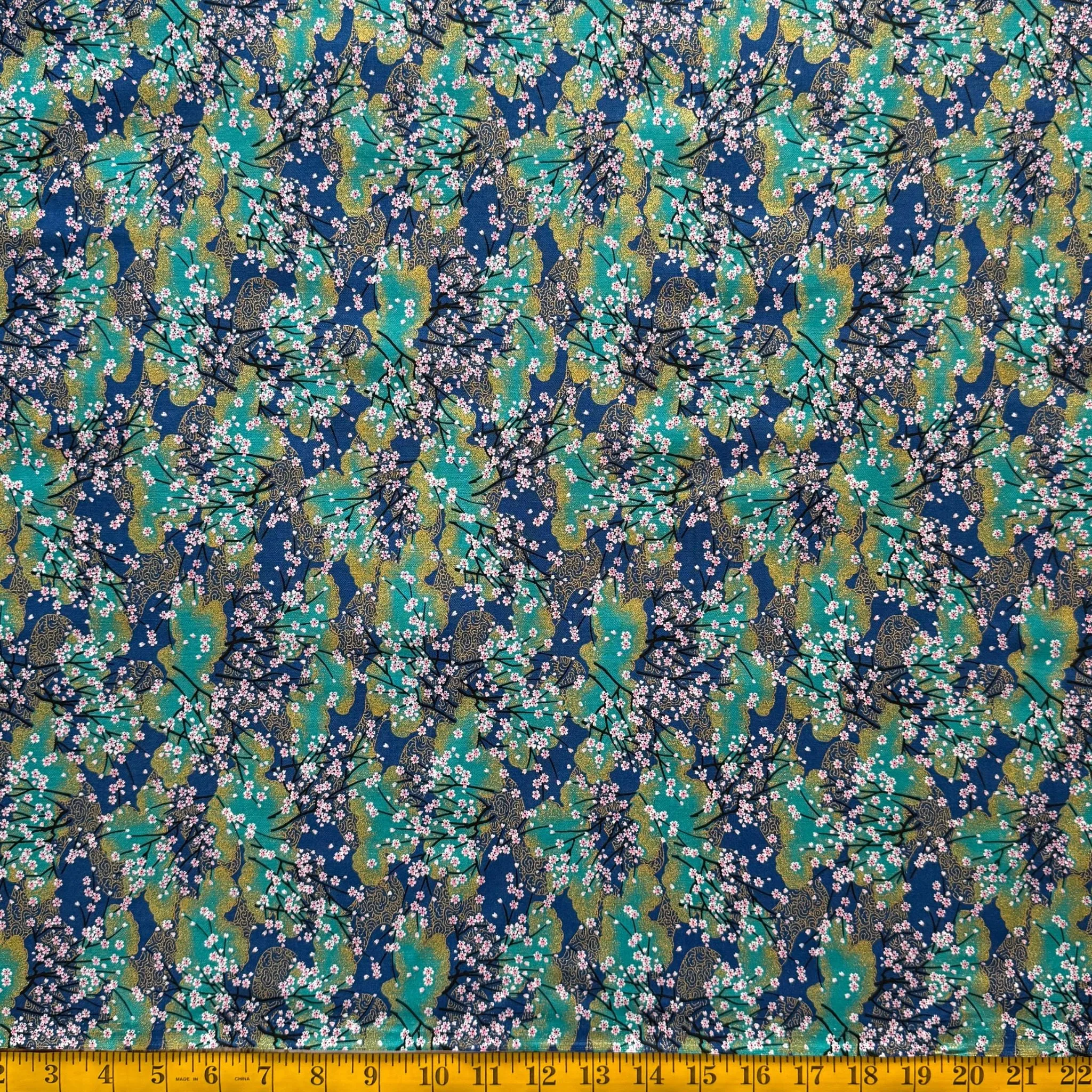 Gold Cherry Blossom - Cotton Print Fabric - $36 Per Metre