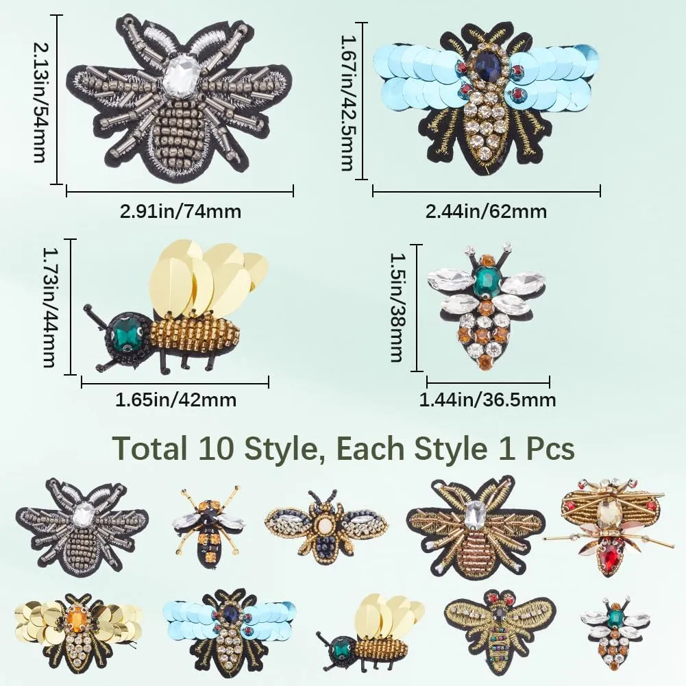 GORGECRAFT 10PCS 10 Styles Handmade Rhinestone Beaded Patches Bees Dragonfly Insect Sew on Crystal Pearl Sequin Patch Clothes Embroidery Applique for Clothing Bag Decorative Scrapbooking DIY Projects