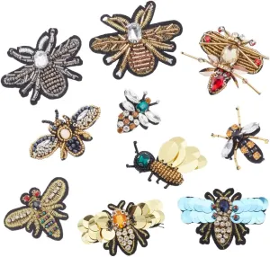 GORGECRAFT 10PCS 10 Styles Handmade Rhinestone Beaded Patches Bees Dragonfly Insect Sew on Crystal Pearl Sequin Patch Clothes Embroidery Applique for Clothing Bag Decorative Scrapbooking DIY Projects