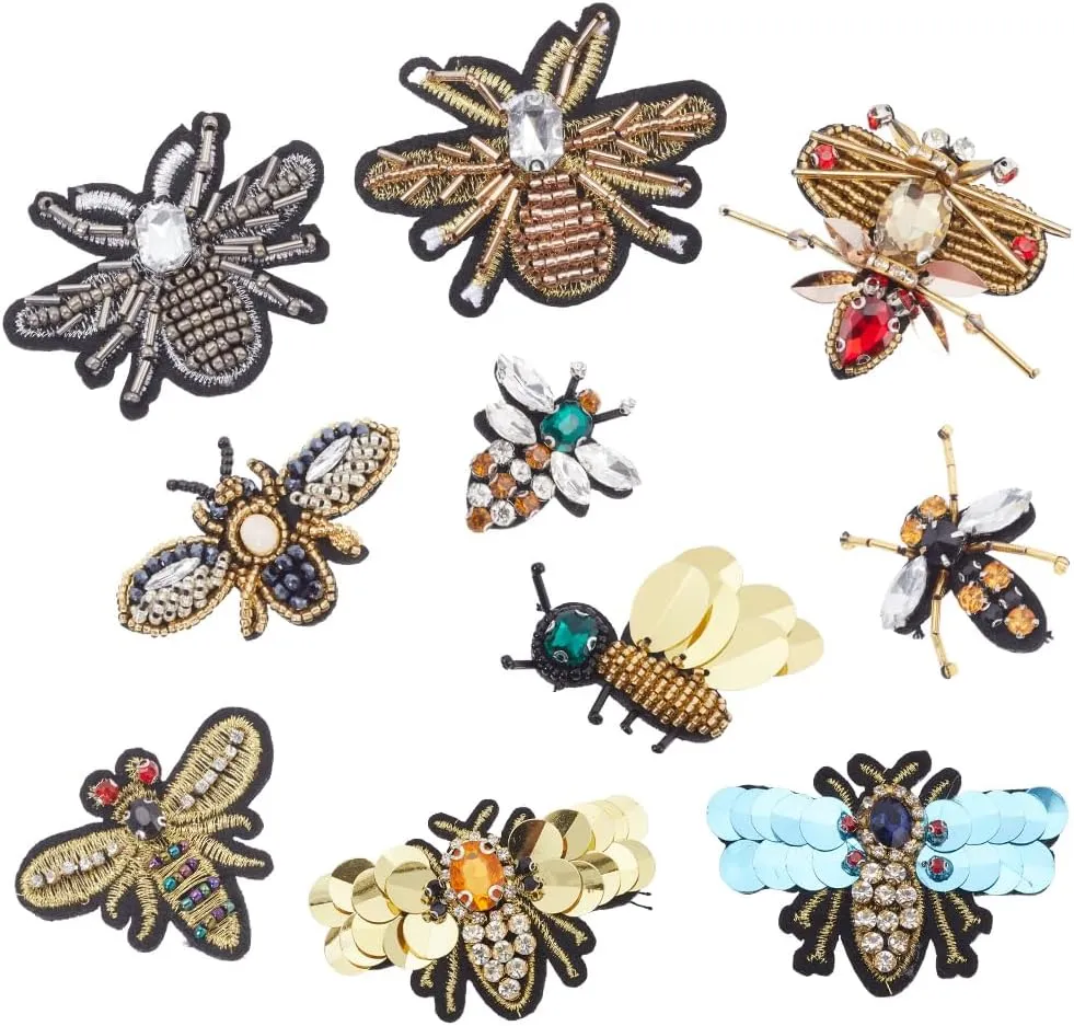 GORGECRAFT 10PCS 10 Styles Handmade Rhinestone Beaded Patches Bees Dragonfly Insect Sew on Crystal Pearl Sequin Patch Clothes Embroidery Applique for Clothing Bag Decorative Scrapbooking DIY Projects