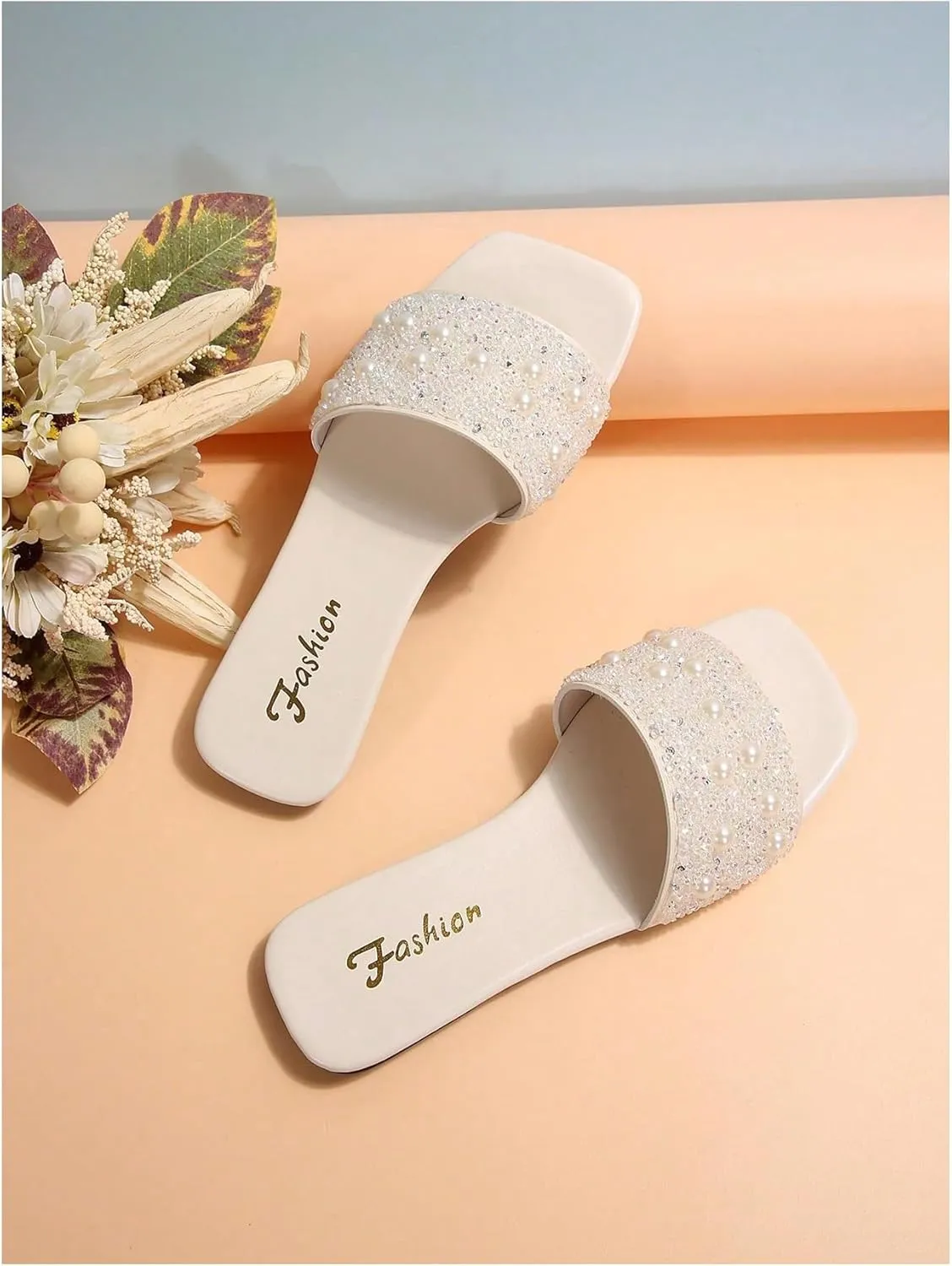 GORGLITTER Women's Pearls Rhinestone Flats Sequin Bling Square Open Toe Sparkly Slip On Slide Sandals
