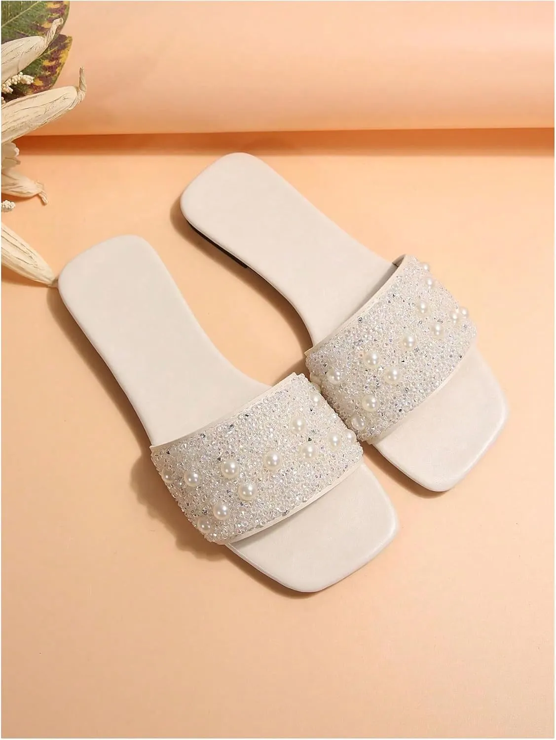 GORGLITTER Women's Pearls Rhinestone Flats Sequin Bling Square Open Toe Sparkly Slip On Slide Sandals