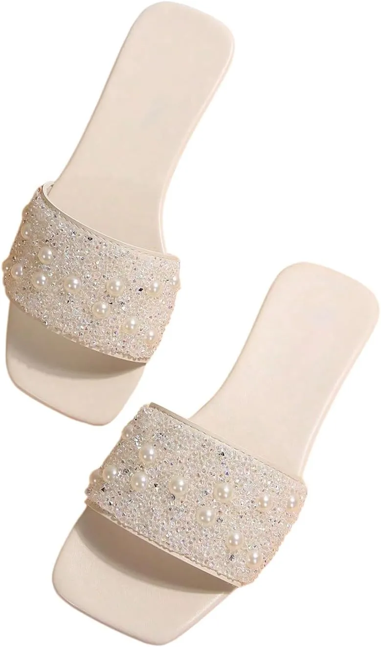 GORGLITTER Women's Pearls Rhinestone Flats Sequin Bling Square Open Toe Sparkly Slip On Slide Sandals