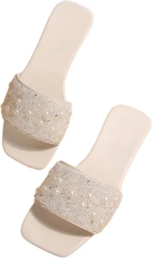 GORGLITTER Women's Pearls Rhinestone Flats Sequin Bling Square Open Toe Sparkly Slip On Slide Sandals
