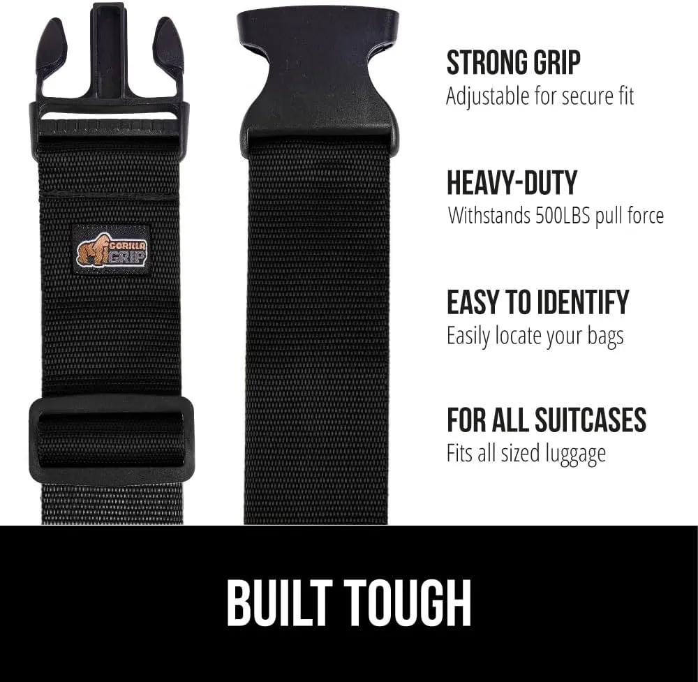 GORILLA GRIP Heavy Duty 4 Pack Adjustable Luggage Straps for Suitcases, Easy to Identify Travel Belt Connector Holds Suitcase Together, Extends Life of Bag, Strap Connects Two Bags, Accessories, Black