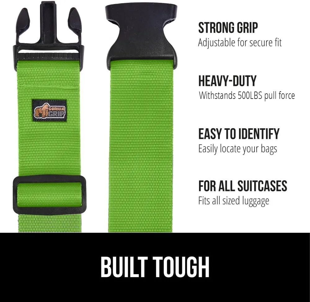 GORILLA GRIP Heavy Duty 4 Pack Adjustable Luggage Straps for Suitcases, Easy to Identify Travel Belt Connector Holds Suitcase Together, Extends Life of Bag, Strap Connects Two Bags, Accessories Green