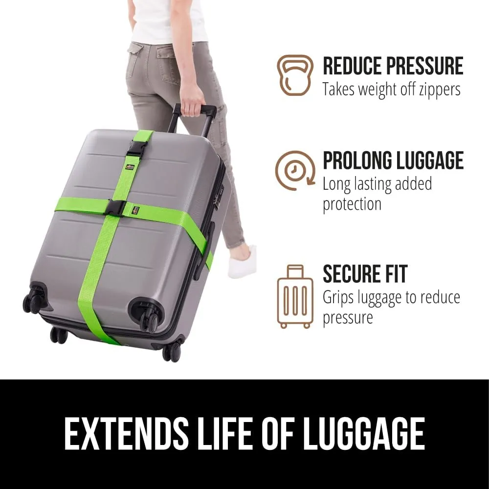 GORILLA GRIP Heavy Duty 4 Pack Adjustable Luggage Straps for Suitcases, Easy to Identify Travel Belt Connector Holds Suitcase Together, Extends Life of Bag, Strap Connects Two Bags, Accessories Green