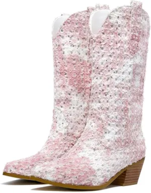 GOSERCE Women's Western Cowboy Boots with Embroidery Chunky Block Heel 2.5" Classic Cowgirl Boots Mid Calf Booties Almond Shaped Pointed Toe Knee High boots Pull On Fashion Design