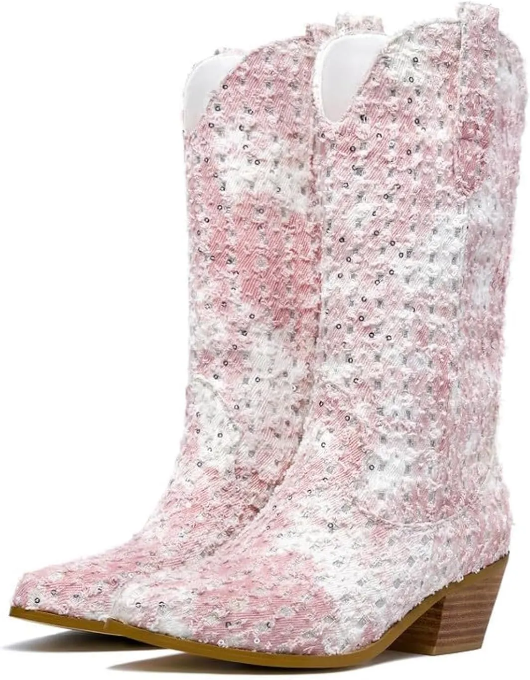 GOSERCE Women's Western Cowboy Boots with Embroidery Chunky Block Heel 2.5" Classic Cowgirl Boots Mid Calf Booties Almond Shaped Pointed Toe Knee High boots Pull On Fashion Design