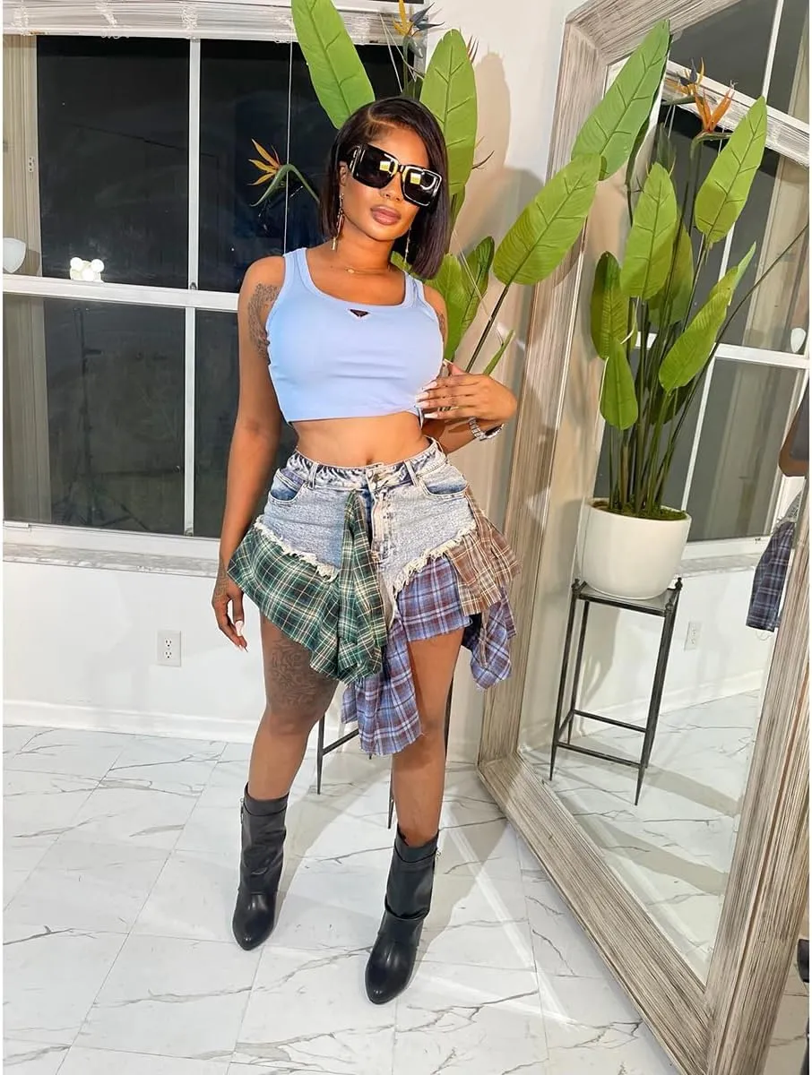 Gothic European and American Women's Clothing, Sexy Irregular Plaid Skirt, Design Sense Patchwork Denim Short Skirt
