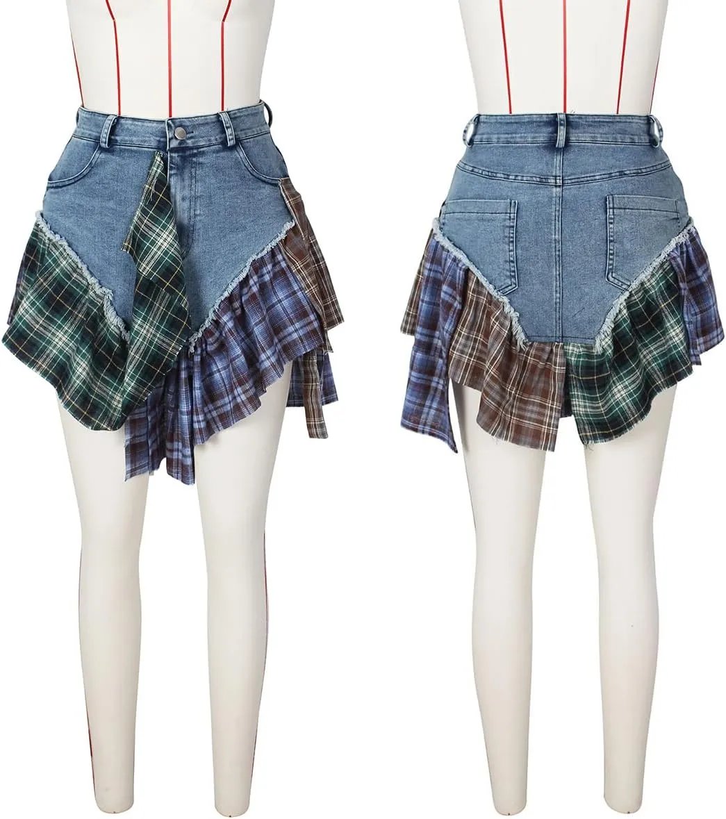 Gothic European and American Women's Clothing, Sexy Irregular Plaid Skirt, Design Sense Patchwork Denim Short Skirt