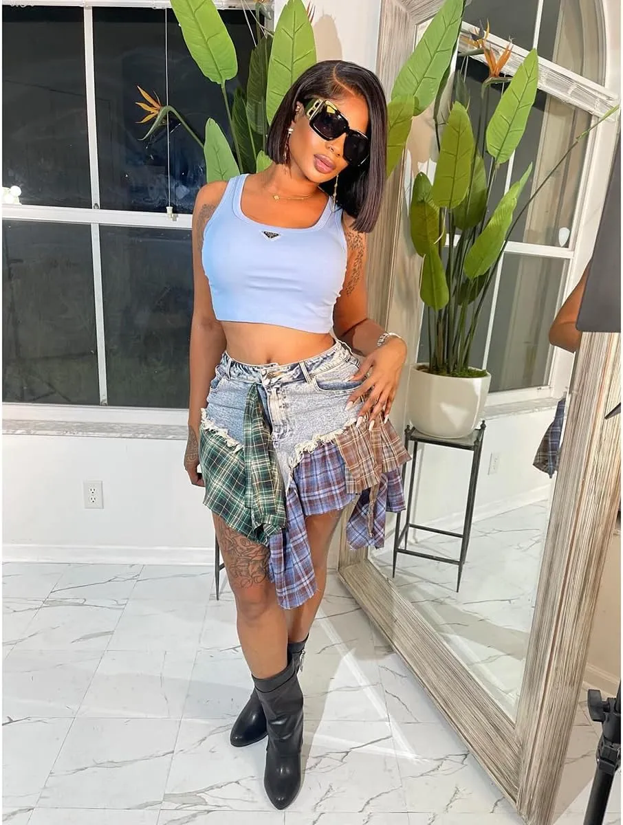 Gothic European and American Women's Clothing, Sexy Irregular Plaid Skirt, Design Sense Patchwork Denim Short Skirt