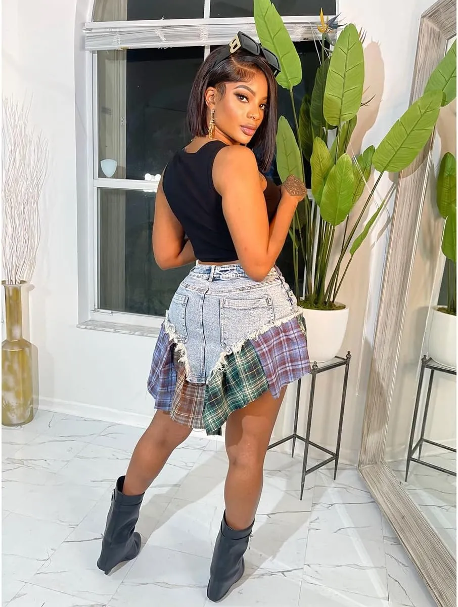 Gothic European and American Women's Clothing, Sexy Irregular Plaid Skirt, Design Sense Patchwork Denim Short Skirt
