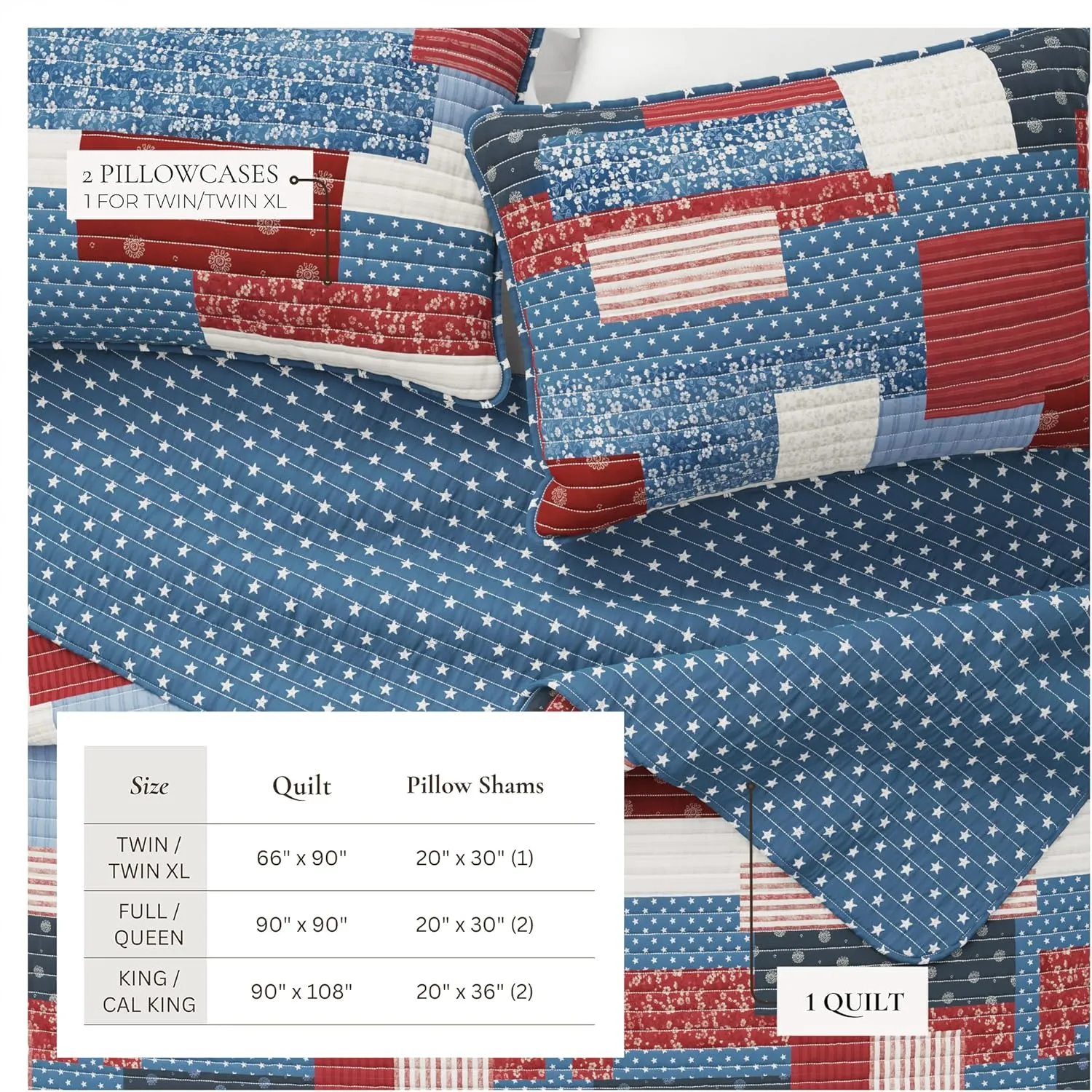 Great Bay Home 3-Piece Full/Queen Microfiber Quilt Set with Shams - Americana Patchwork Reversible Design - Lightweight, All-Season, Layerable Bedding Set