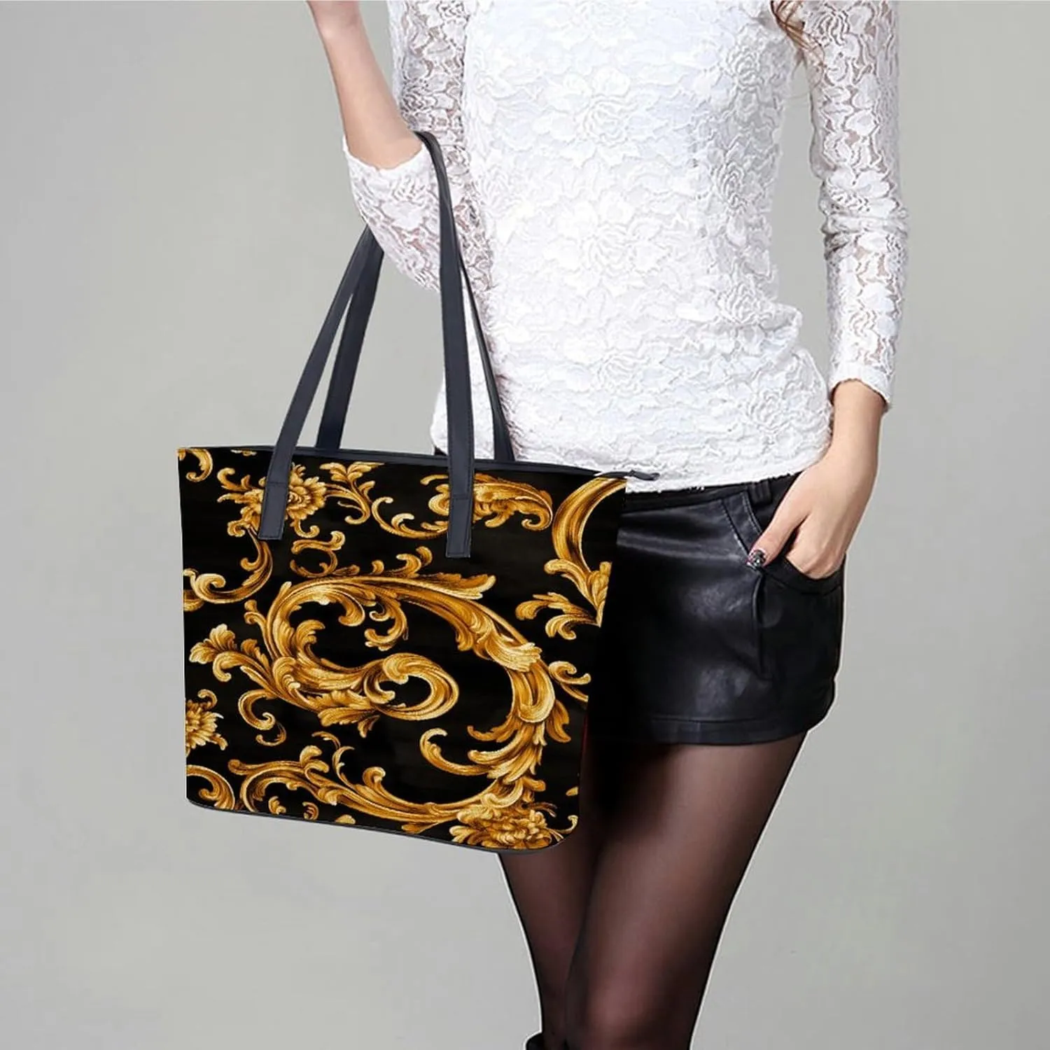 Green Floral Chinoiserie Pattern Women Soft Leather Handbags Tote Purses Shoulder Bucket Bags