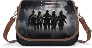 Grunge American Army Soldiers with Flag Women's Crossbody Bags PU Leather Bag Handbags Mini Shoulder Bag Messenger Bag