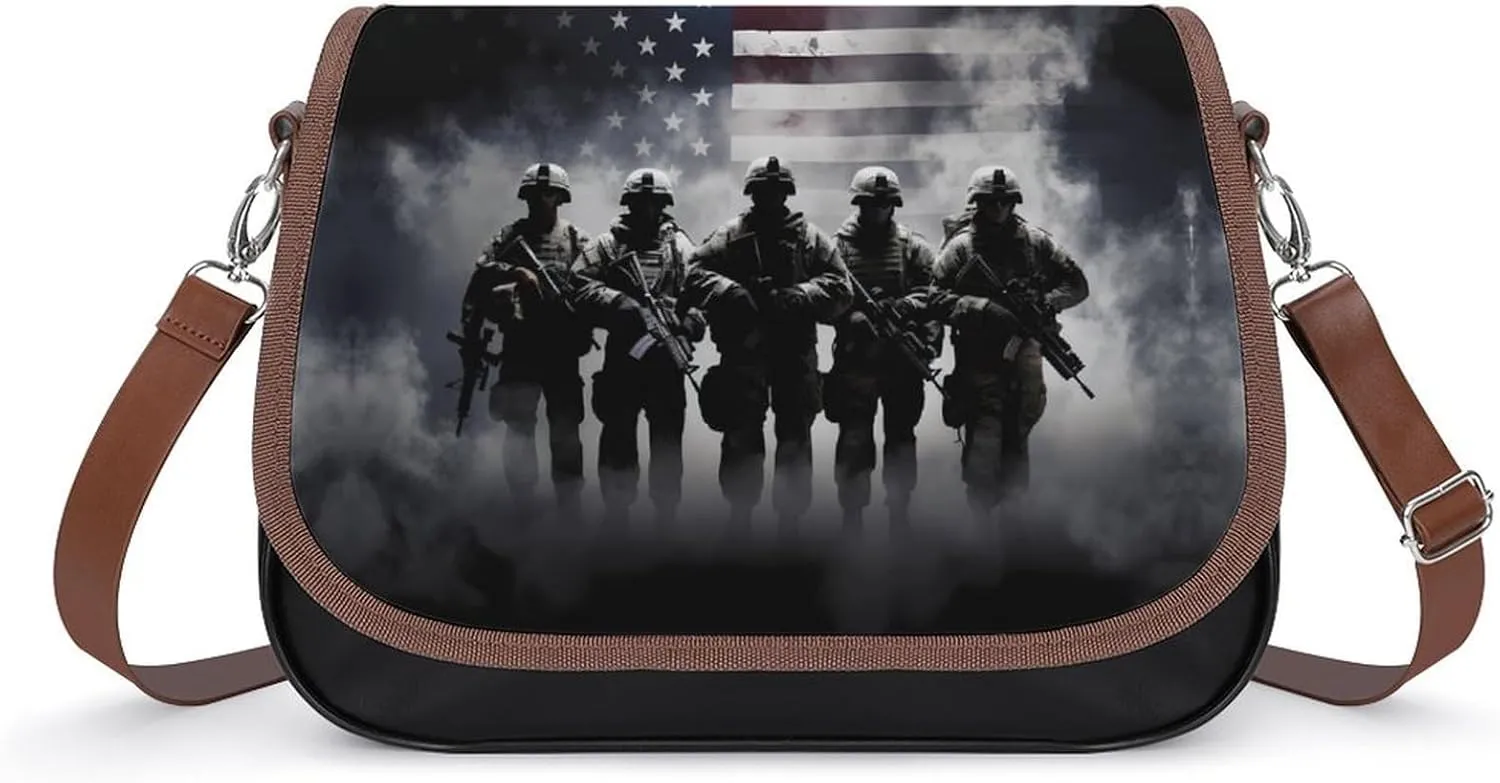Grunge American Army Soldiers with Flag Women's Crossbody Bags PU Leather Bag Handbags Mini Shoulder Bag Messenger Bag