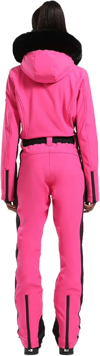GSOU SNOW Ski Suit Womens One Piece Snowsuit Snowboard Jacket Slim Snow Jumpsuit Faux Fur Ski Outfit Waterproof Windproof