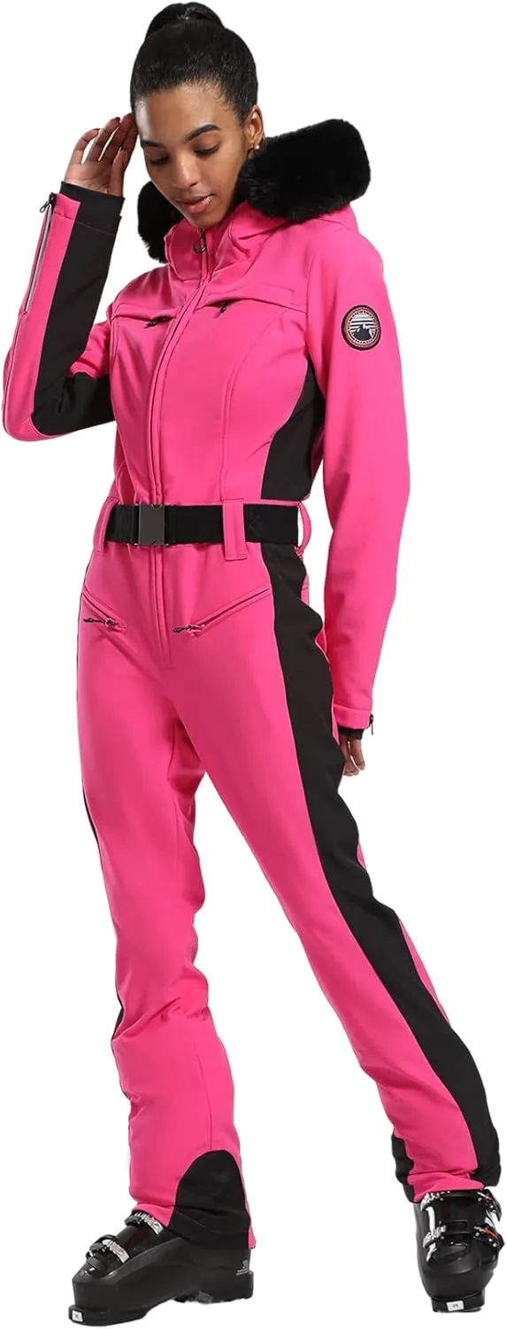 GSOU SNOW Ski Suit Womens One Piece Snowsuit Snowboard Jacket Slim Snow Jumpsuit Faux Fur Ski Outfit Waterproof Windproof
