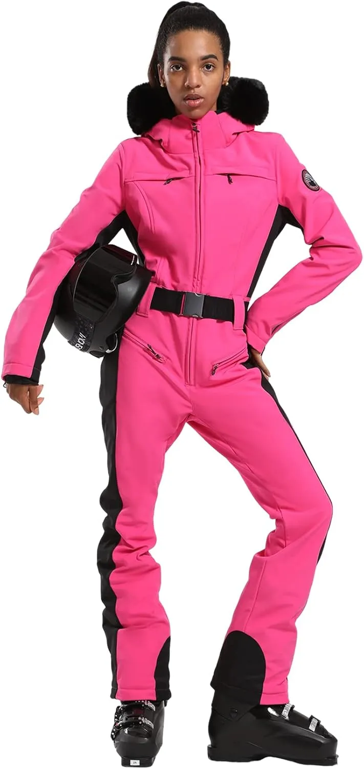 GSOU SNOW Ski Suit Womens One Piece Snowsuit Snowboard Jacket Slim Snow Jumpsuit Faux Fur Ski Outfit Waterproof Windproof