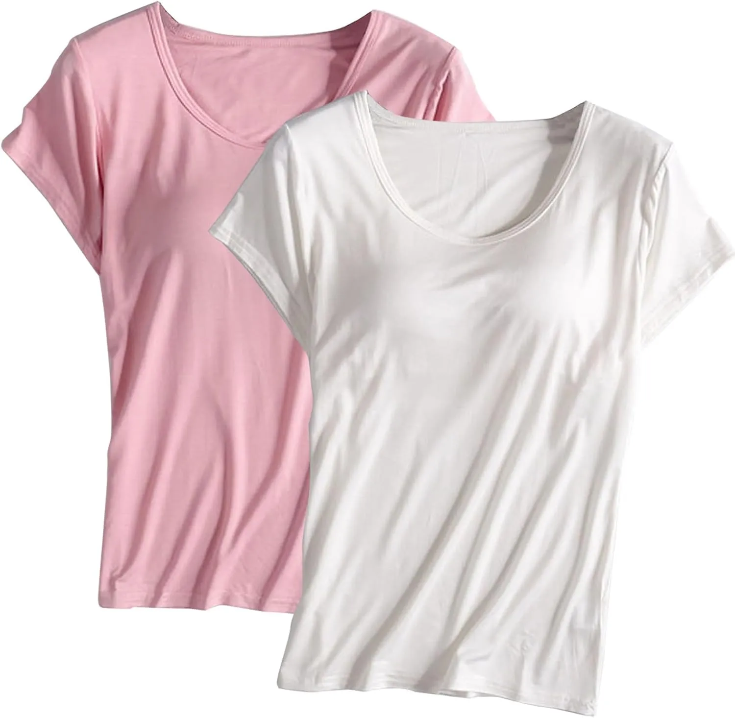 Gym Shirts Women 2PC Casual Tops Padded Bra Short Sleeves Crewneck Tunics Tops Outdoor Workout Athletic Hiking Tshirt