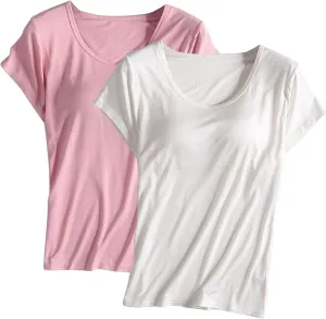 Gym Shirts Women 2PC Casual Tops Padded Bra Short Sleeves Crewneck Tunics Tops Outdoor Workout Athletic Hiking Tshirt