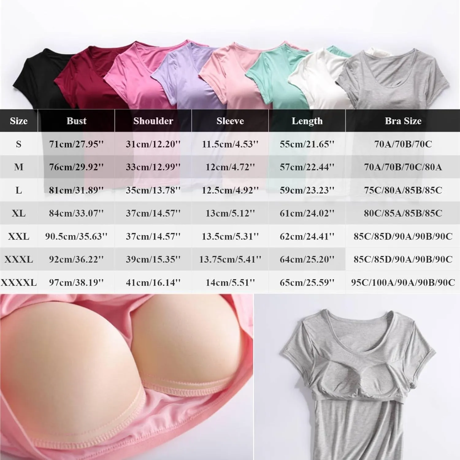 Gym Shirts Women 2PC Casual Tops Padded Bra Short Sleeves Crewneck Tunics Tops Outdoor Workout Athletic Hiking Tshirt