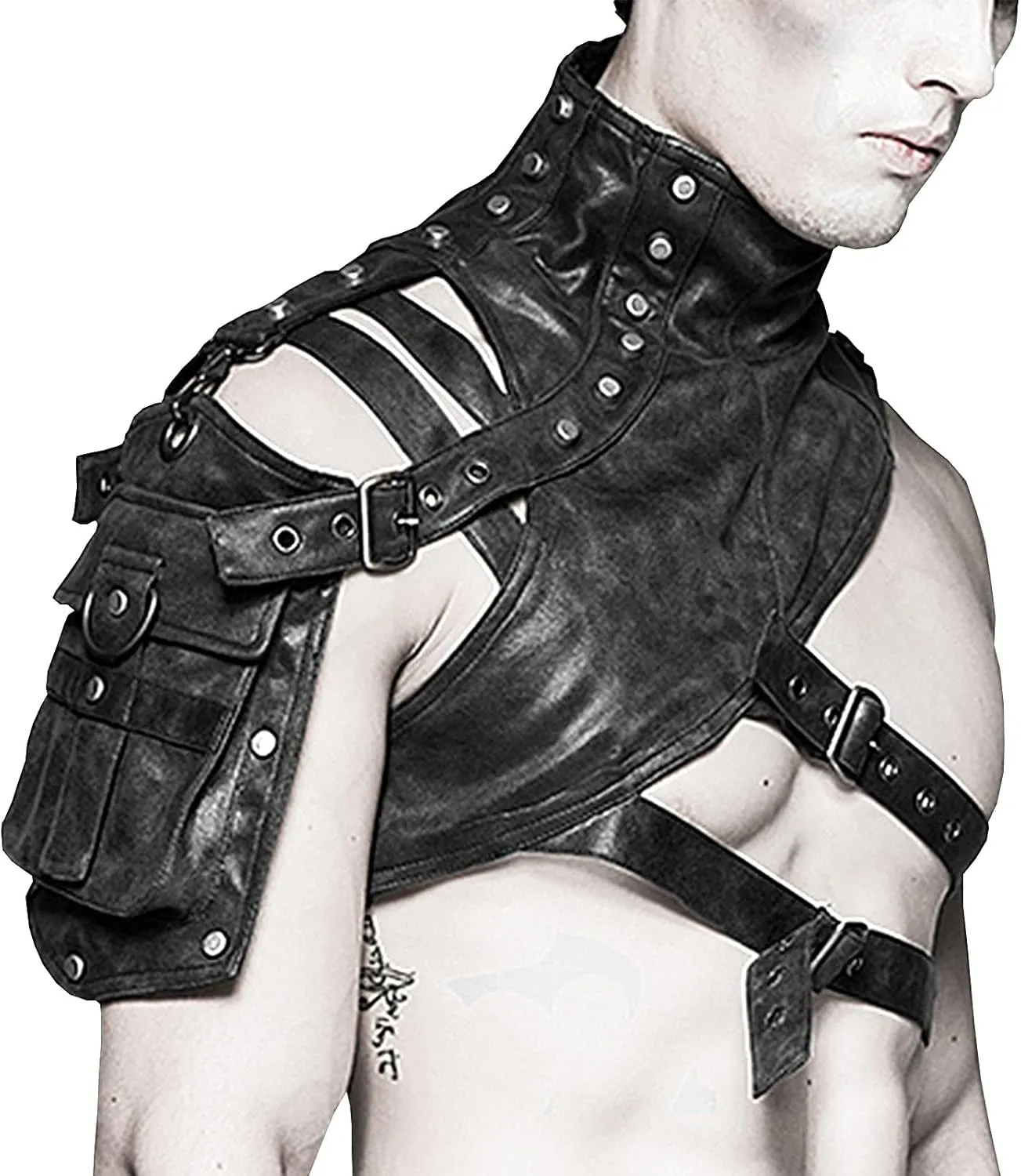 gzqirunMens Body Chest Harness Belt Steampunk PU Leather Shoulder Armors Soldier Gothic Women's Moto & Arm Bag Men Motorcycle Bags, Black, Medium
