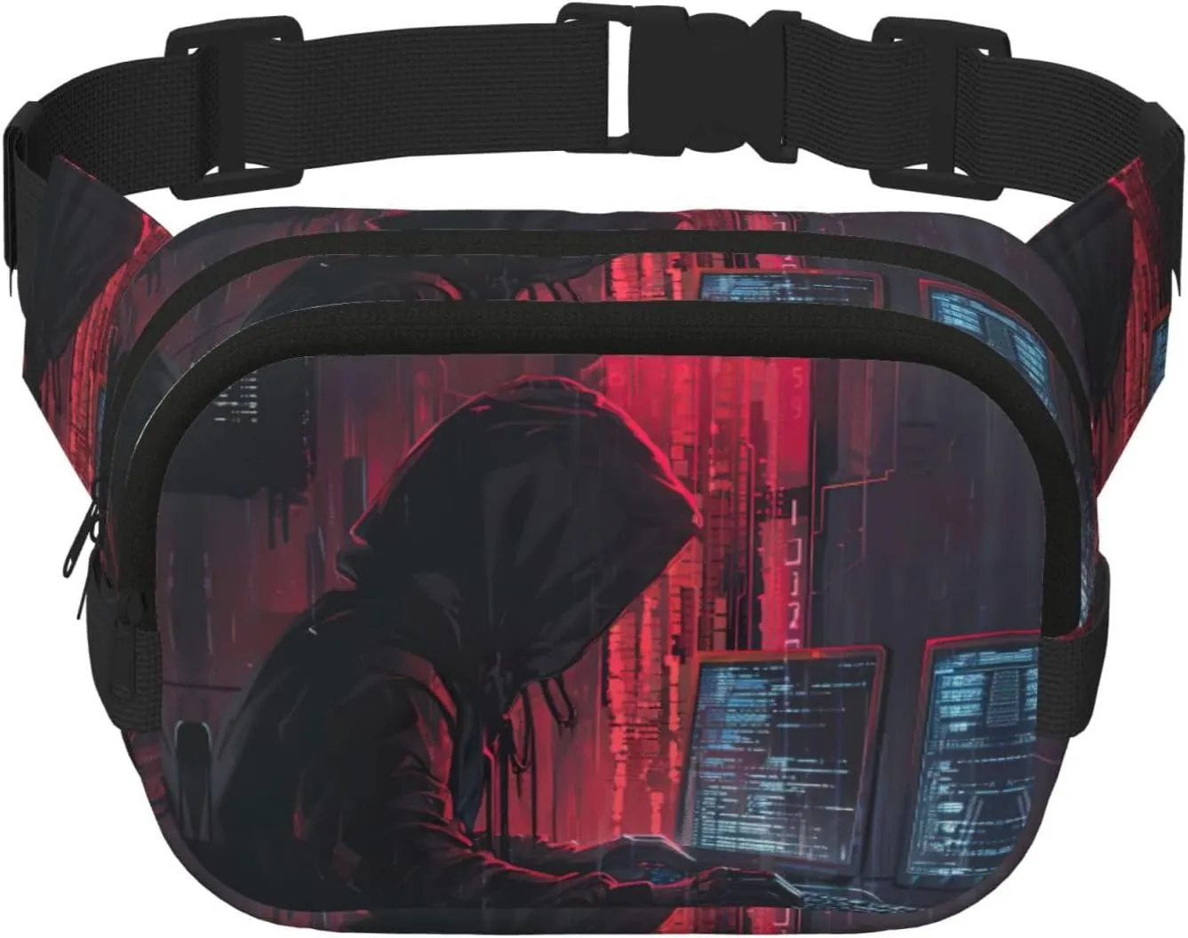 Hacker Attack Print Square Double Layer bag Waist Bag Trendy Pack Travel Bag with Adjustable Bel