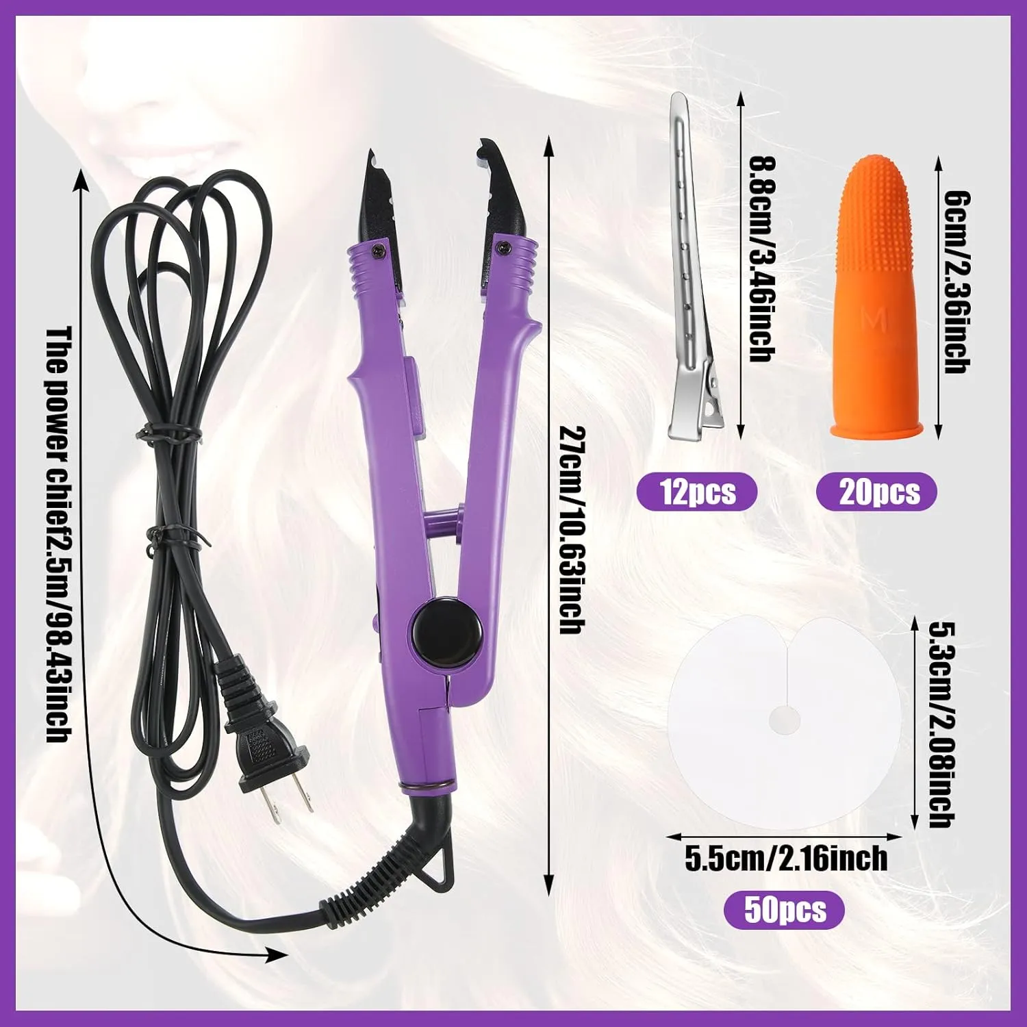 Hair Extensions Iron Fusion Keratin Heat Tool Heat Connector Wand with Fusion Glue Protector Template Hair Clip Finger Protector 2 Bag Keratin Glue Granule Bead(Purple)