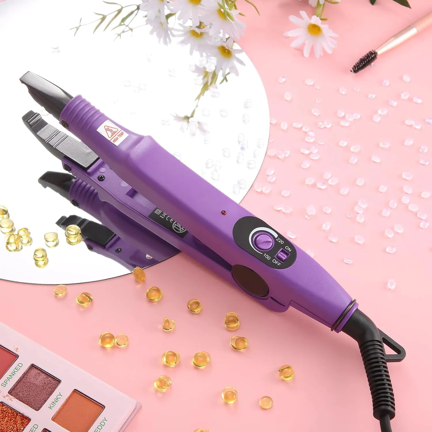 Hair Extensions Iron Fusion Keratin Heat Tool Heat Connector Wand with Fusion Glue Protector Template Hair Clip Finger Protector 2 Bag Keratin Glue Granule Bead(Purple)