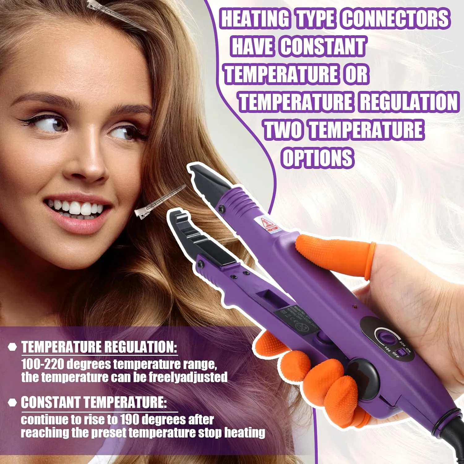 Hair Extensions Iron Fusion Keratin Heat Tool Heat Connector Wand with Fusion Glue Protector Template Hair Clip Finger Protector 2 Bag Keratin Glue Granule Bead(Purple)