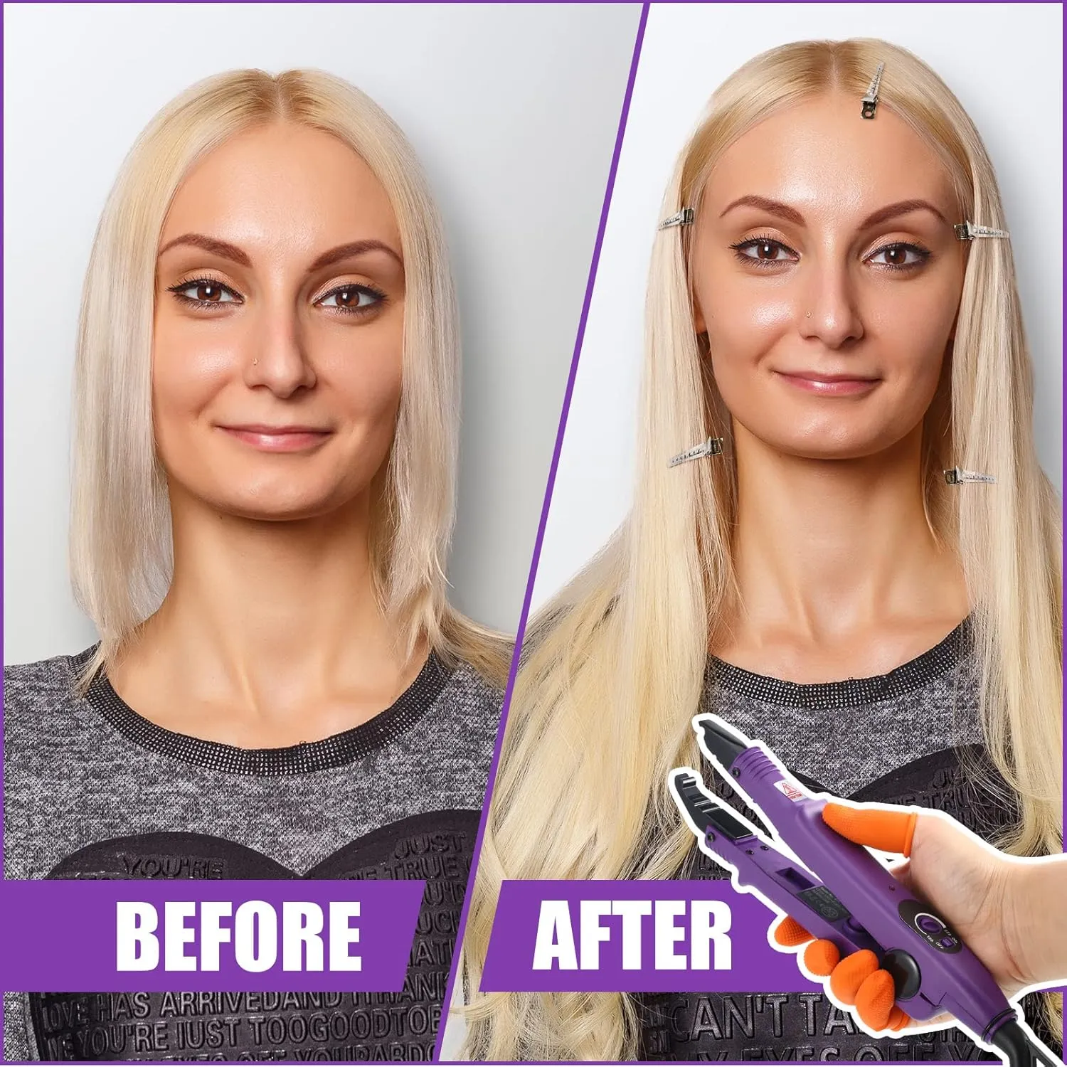 Hair Extensions Iron Fusion Keratin Heat Tool Heat Connector Wand with Fusion Glue Protector Template Hair Clip Finger Protector 2 Bag Keratin Glue Granule Bead(Purple)