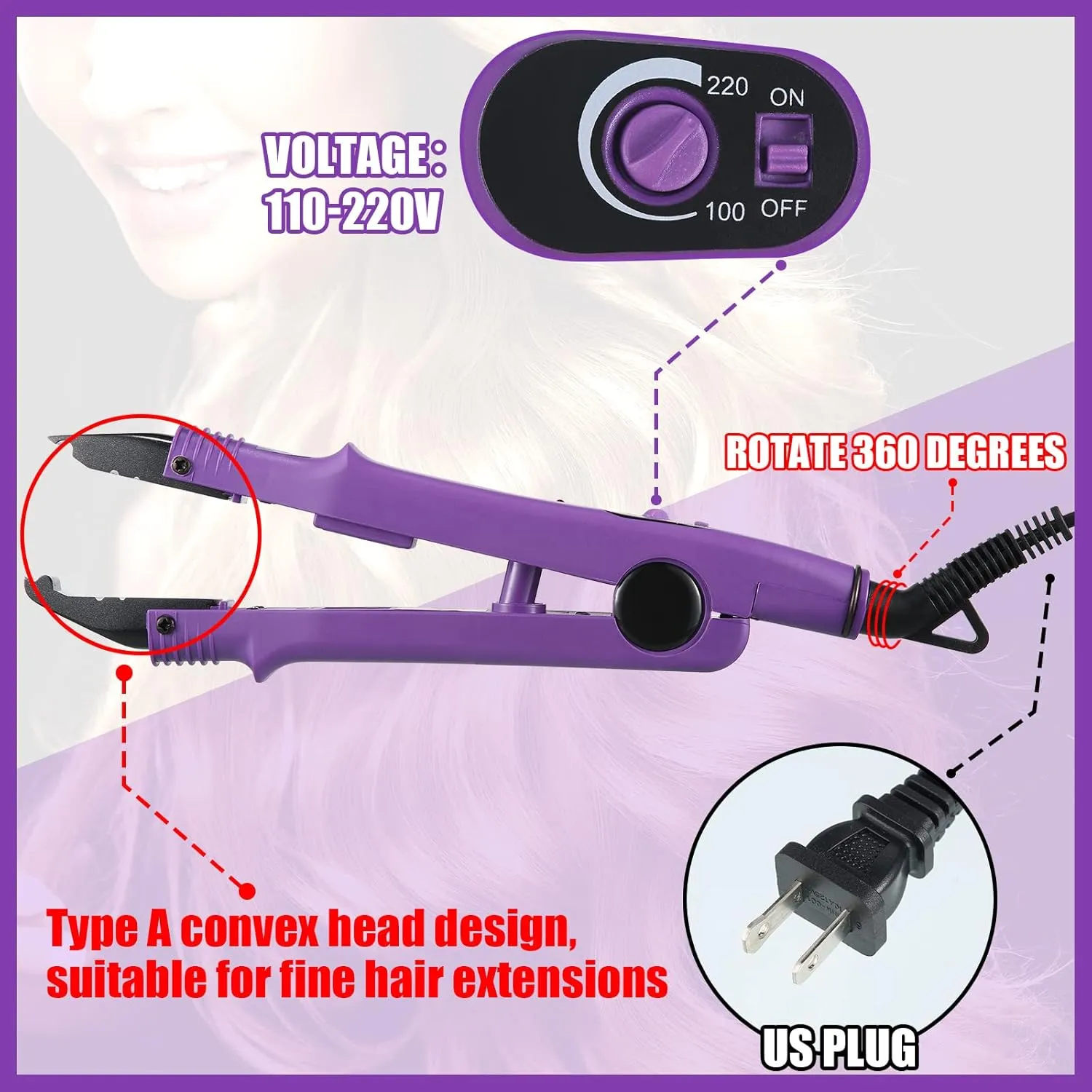 Hair Extensions Iron Fusion Keratin Heat Tool Heat Connector Wand with Fusion Glue Protector Template Hair Clip Finger Protector 2 Bag Keratin Glue Granule Bead(Purple)